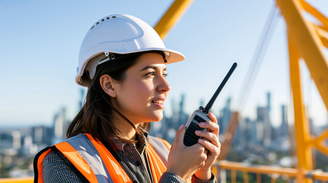 Young crane operator in hardhat and safety vest communicating on radio at high rise construction site, urban skyline bokeh, bright daylight, skilled workforce and safety concept.