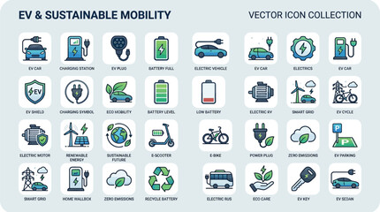 Naklejka premium Electric Vehicle And Sustainable Mobility Vector Icon Collection On White