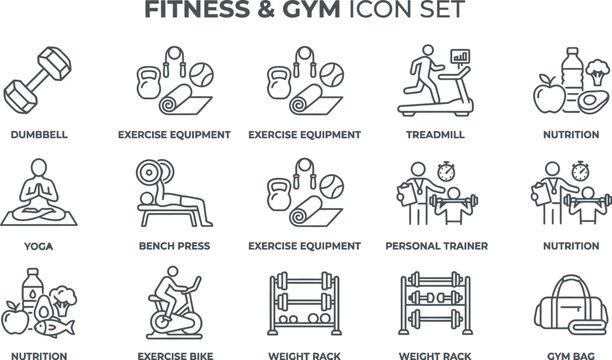 Fitness Gym Icon Set Line Art Illustrations On White Background