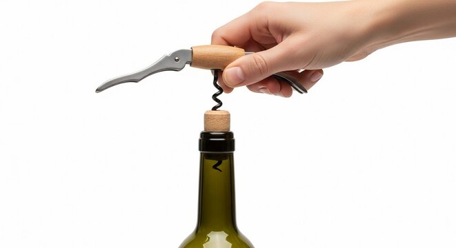Hand Using Corkscrew to Open a Green Wine Bottle on a White Background