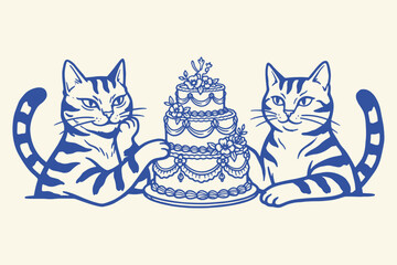 Two cats sitting with a decorated cake Vector, illustration © Jrdesign0