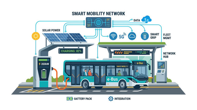 Smart City Electric Bus Charging Station with Solar Power and Network Hub