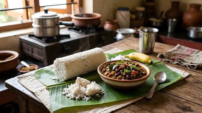 Traditional kerala breakfast puttu and kadala curry