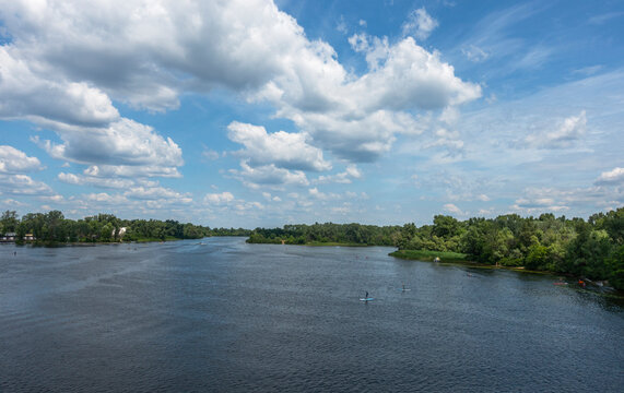 A view of the Dnieper River in Kyiv on a summer day
