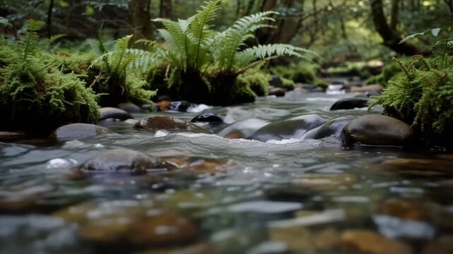 Clear flowing water stream in forest with lush green vegetation