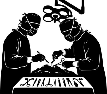Black silhouette illustration of two doctors performing surgery with medical tools and gloves isolated on white background
