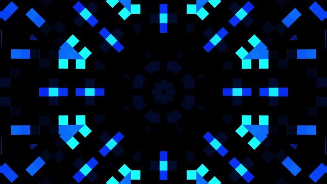 Abstract blue and black neon VJ seamless loop featuring a geometric kaleidoscopic pattern. Perfect for concert backgrounds, DJ performances, or event visuals