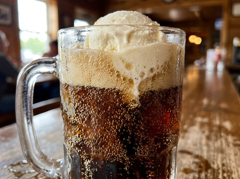 A refreshing root beer float with a scoop of vanilla ice cream in a clear glass mug, served in a rustic setting.