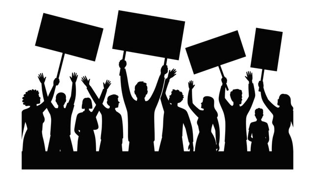 Adobe Illustrator ArtworkSilhouette Crowd Protesting with Signs in Minimalist Black and White Style