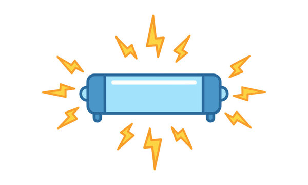 Line art icon of a fluorescent tube light with radiating sparks, representing a creative idea or innovation concept