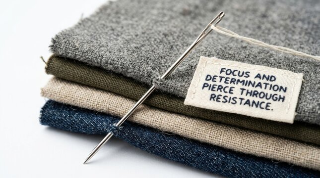 Needle and thread resting on layered fabrics with a label