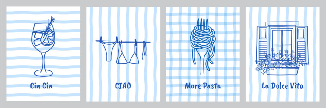 Italian la Dolce Vita summer poster set. Hand drawn Mediterranean card with aperitivo cocktail, bikini, pasta, window, blue striped background. Vector illustration