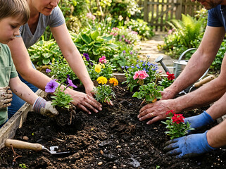 Fototapeta premium A family, including two adults and a child, actively engaged in planting colorful flowers in a raised garden bed on a sunny day, enjoying a shared outdoor gardening activity.