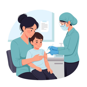 Mother with child receives vaccination from doctor in clinic
