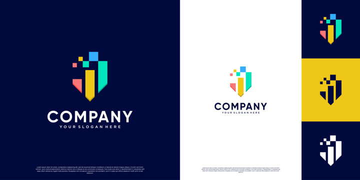 Financial statistics logo with shield shape, symbol of security, defense, digital consulting services, vector graphic illustration.