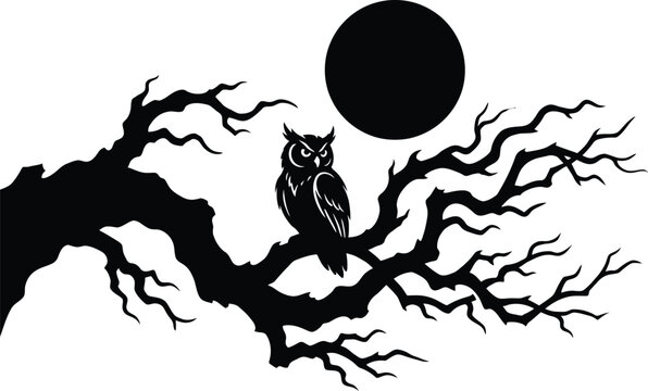 Halloween nighttime scene with owl perched on a bare tree under a full moon