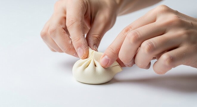 Close-up of hands delicately pleating a savory dumpling dough, showcasing culinary preparation and traditional Asian food making skills.