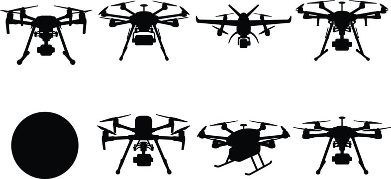 Drone silhouette collection featuring quadcopter aerial camera UAV and multirotor vector icons
