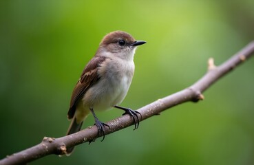 Obraz premium Brown flycatcher bird perched on a tree branch. Small passerine avian fauna rests on twig against lush green blurred background. Birdwatching scene in natural habitat.