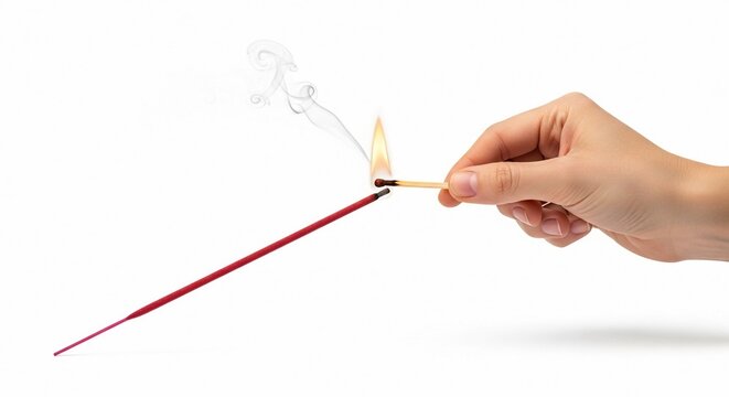 Hand lighting red incense stick with a burning match creating wisps of smoke on a white background