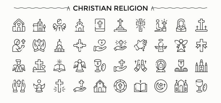 Christian Religion icon set. Catholic line icon set. Minimalist editable vector stroke. Related to easter, religion, prayer, church, christian, pray and more. Vector illustration.