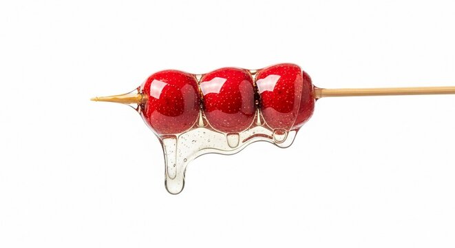 Three glossy red hawthorn berries coated in shimmering sugar syrup on a wooden skewer, isolated on a white background.