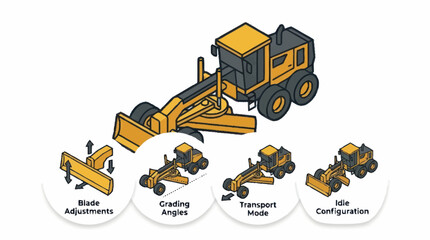 Yellow Road Grader with Attachments and Equipment. © Dalijo