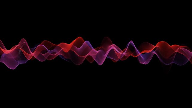 Abstract colorful waveform animation on a black background featuring glowing neon waves with smooth flowing motion. Ideal for music visualizers, motion graphics, audio effects, and digital creative pr