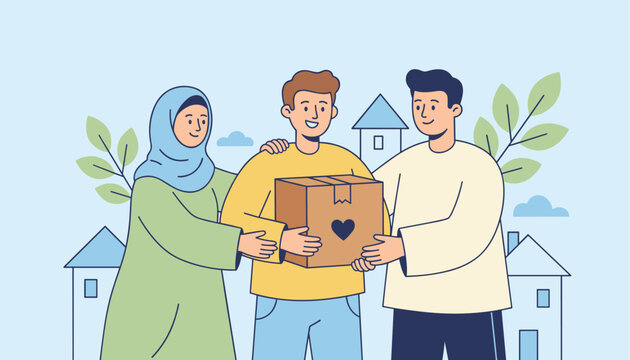 Diverse people working together to prepare a cardboard donation box for charity, standing in front of suburban houses with trees.