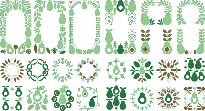 Green avocado and pear icons with leaves and flowers in various circular shapes and designs on white background