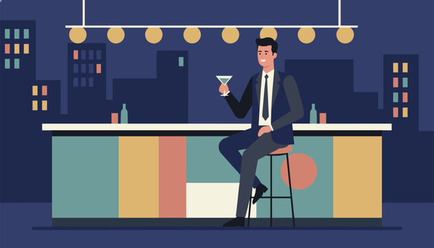 Businessman sitting on a bar stool holding a martini glass, relaxing in an upscale lounge with city lights visible in background.