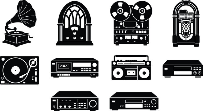 Vintage Audio Device Silhouette Collection with Gramophone Radio Turntable and Jukebox Vector Set