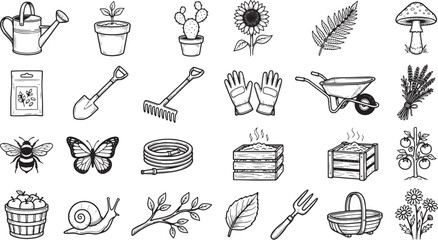 Hand Drawn Gardening Icons and Nature Elements, Vintage Botanical Outline Vector Set © Masuda