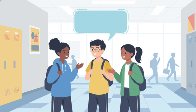 Group of diverse school students talking in a school hallway with a thought bubble above, representing social interaction and student life.