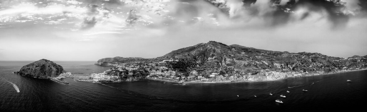Aerial drone view of SantAngelo and Maronti beach on Ischia island