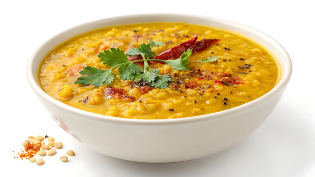 Dal Tadka, yellow lentil curry with tempering, isolated on white background