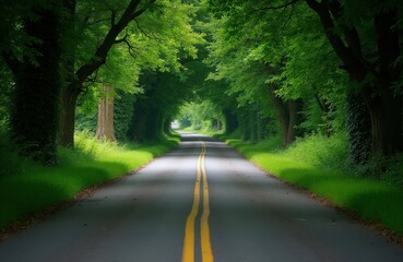Fototapeta premium Asphalt road lined with rich green trees forming an archway. Sunlight streams through foliage onto the pavement. Rich grass borders the path creating a natural tunnel effect.