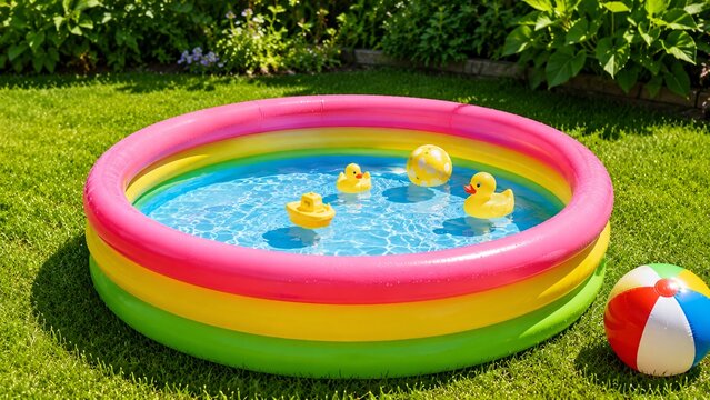 Brightly colored inflatable kiddie pool filled with water and yellow rubber ducks resting on green grass