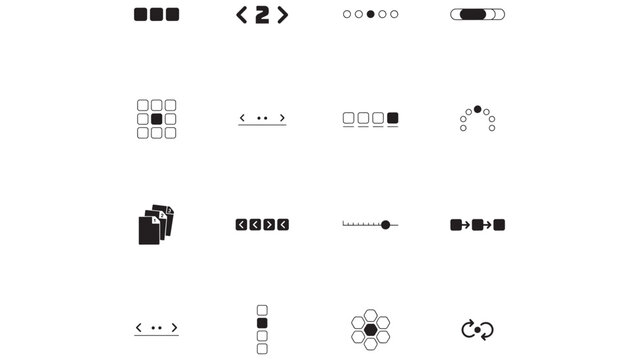 Web pagination and UI component set including step sliders and carousel indicators icons.