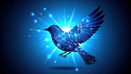 Fototapeta premium Blue digital bird, wings spread, composed of polygons, radiating light, on dark blue