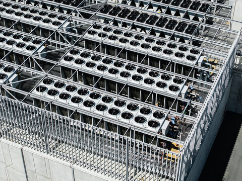 Aerial view of the EU North Riga LV DC1 data center featuring rows of industrial cooling fans and modern infrastructure in Riga, Latvia.