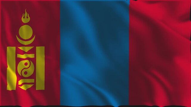 Flag of Mongolia waving slowly in the foreground