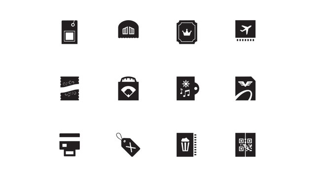 Set of black ticket and badge icons including entrance passes and membership cards design.