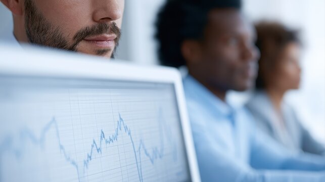 Team of financial analysts predicting economic trends using data analysis, econometrics and market volatility indicators