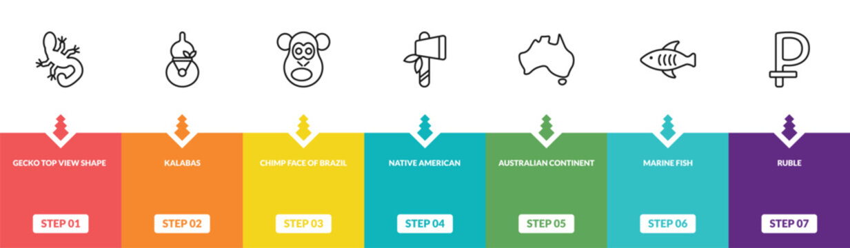 outline culture icons set - gecko top view shape, kalabas, chimp face of brazil, ruble. editable vector for web and mobile ui