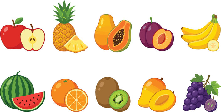 Fresh tropical fruit vector illustration set featuring colorful flat icons collection with apple pineapple papaya plum banana watermelon orange kiwi mango and purple grapes on white background