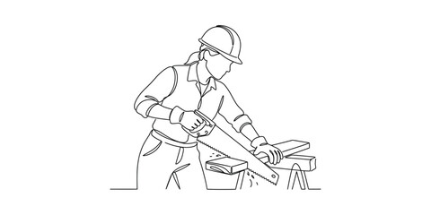 Obraz premium A line art illustration of a carpenter sawing wood with a handsaw.