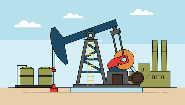 Industrial oil pump jack operating in a field with storage tanks and a factory building in the background, representing energy production.