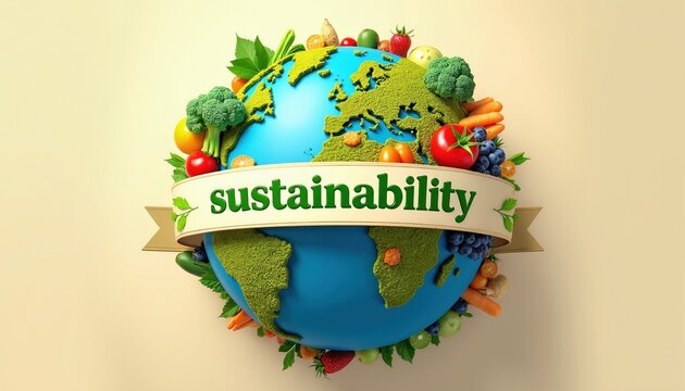 Earth planet covered with fresh fruits and vegetables. Green continents on blue globe represent healthy food for vegan diet planet. Sustainability text on ribbon.