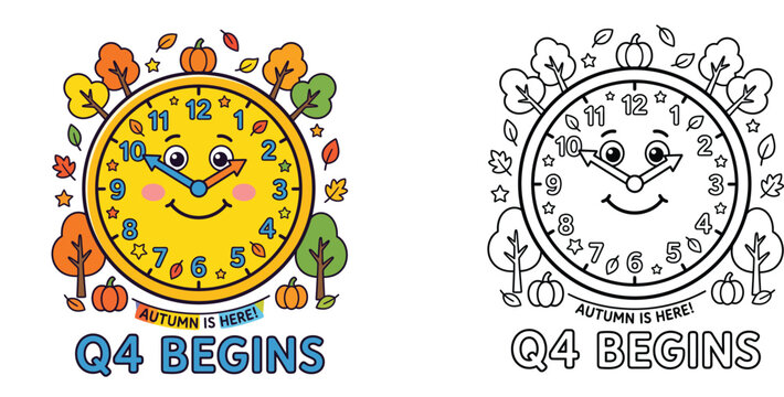 "Autumn is Here Q4 Begins Cute Cartoon Clock Vector Illustration and Coloring Book Page with Pumpkins and Fall Leaves for Kids Educational Activity"